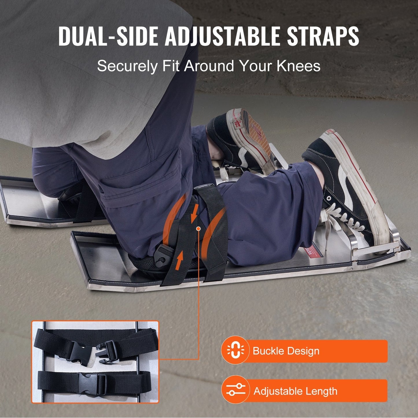 Stainless Steel Concrete Knee Boards with Adjustable Straps, 0.7m x 0.2m, 4kg Pair
