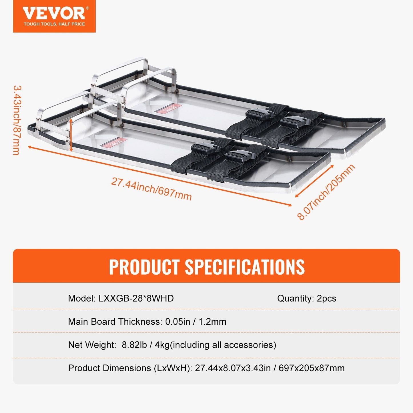 Stainless Steel Concrete Knee Boards with Adjustable Straps, 0.7m x 0.2m, 4kg Pair