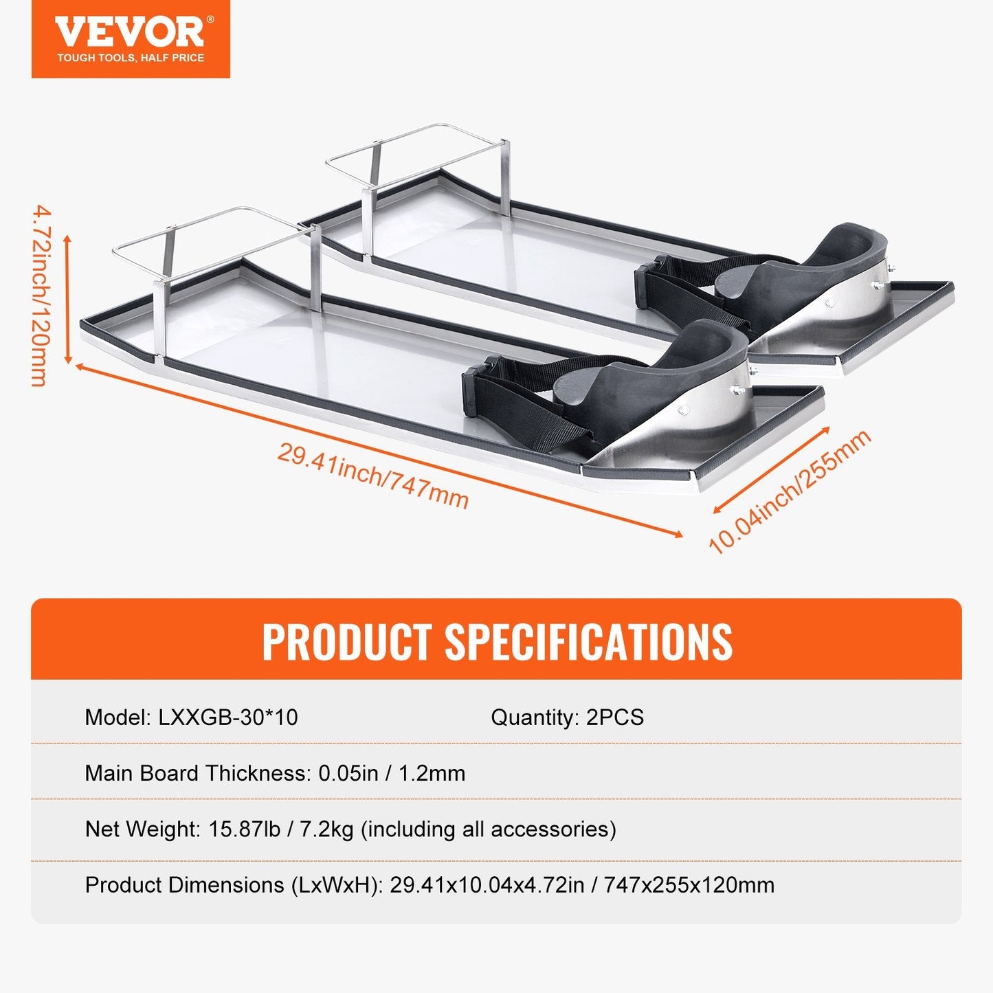 Stainless Steel Concrete Knee Boards with Adjustable Straps, 0.75m x 0.25m