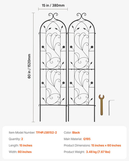 VEVOR 2 Packs Metal Garden Trellis for Climbing Plant Support 60x15 in Rustproof