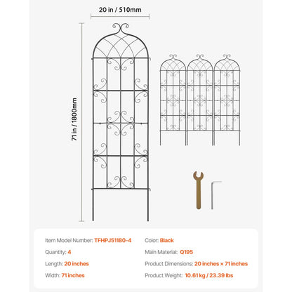 VEVOR 4 Packs Metal Garden Trellis for Climbing Plant Support 71x20 in Rustproof