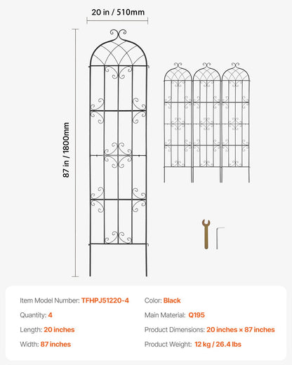 VEVOR 4 Packs Metal Garden Trellis for Climbing Plant Support 87x20 in Rustproof