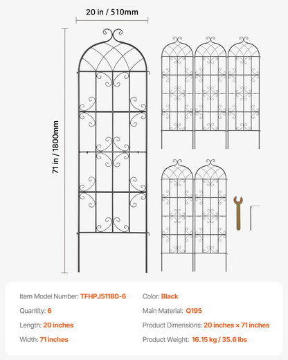 VEVOR 4 Packs Metal Garden Trellis for Climbing Plant Support 71x20 in Rustproof