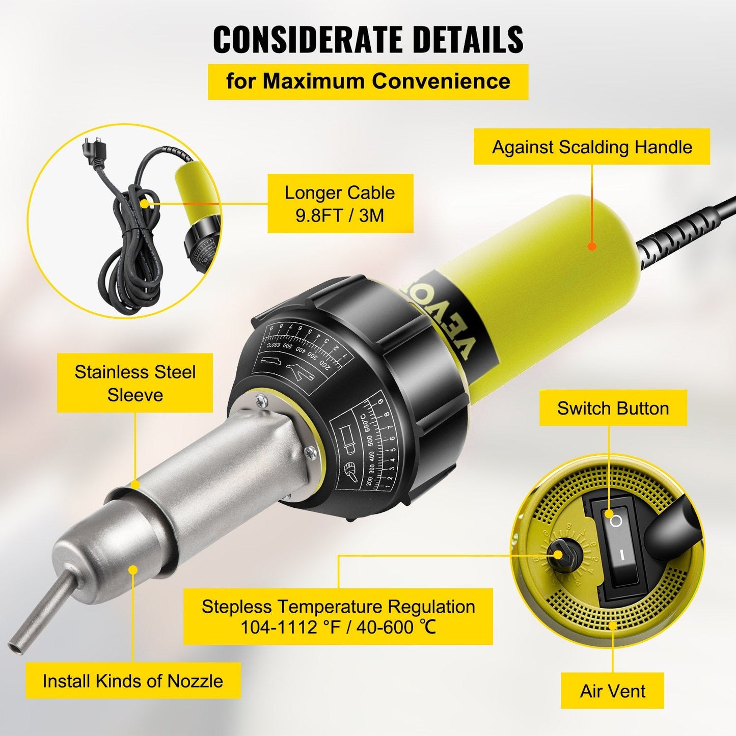 Roofing PVC Welder Kit: 1000W 220V Hot Air Gun with 3m Cable & Accessories