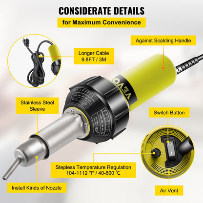 Roofing PVC Welder Kit: 1000W 220V Hot Air Gun with 3m Cable & Accessories