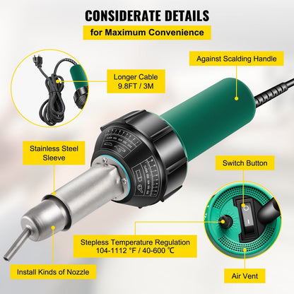 Roofing Welder Kit: 1600W PVC Welding Gun with Accessories, 220V, 3m Cable