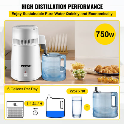 VEVOR Water Distiller Purifier Pure Water Distiller Filters Water Distillation 4L