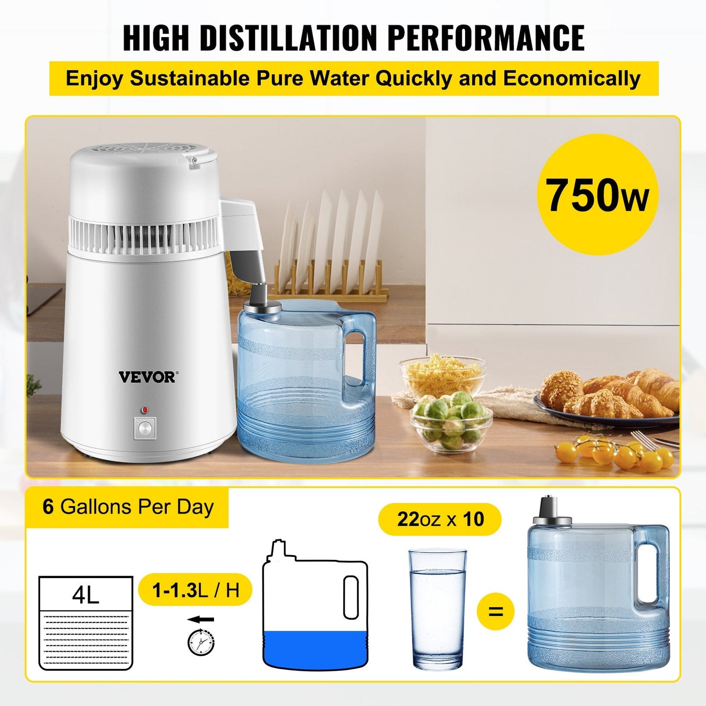 4L Water Distiller with Stainless Steel Interior and Efficient Cooling System