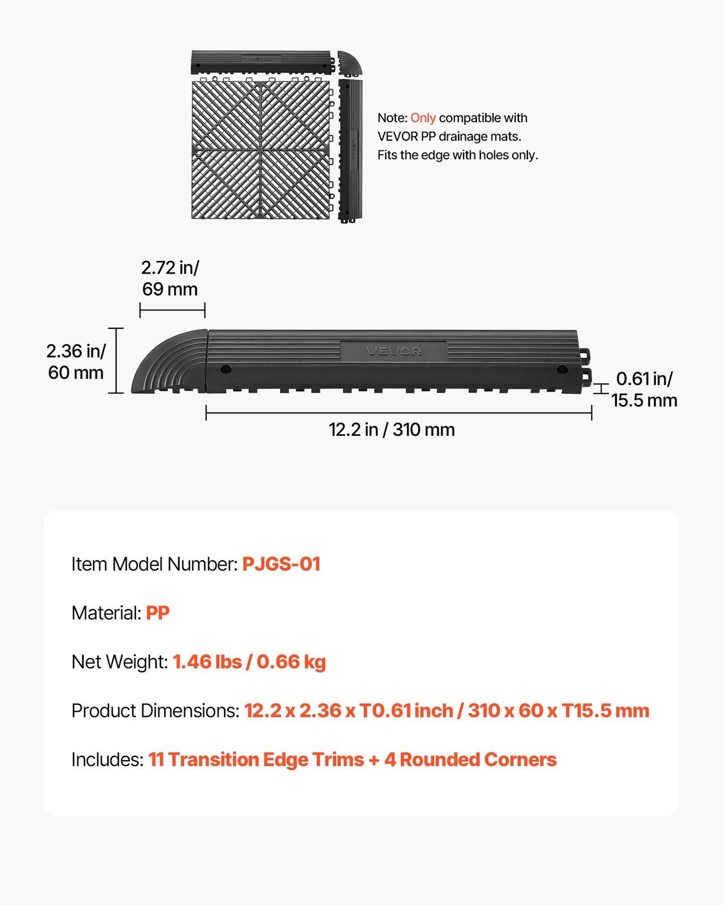 Transition Edge Kit, 11-Piece, Durable Straight Garage Floor Edging, PP Material, Easy Installation, Edge Protection for Wet Area Restaurant Pool, Only Compatible with Drainage Mats, Black