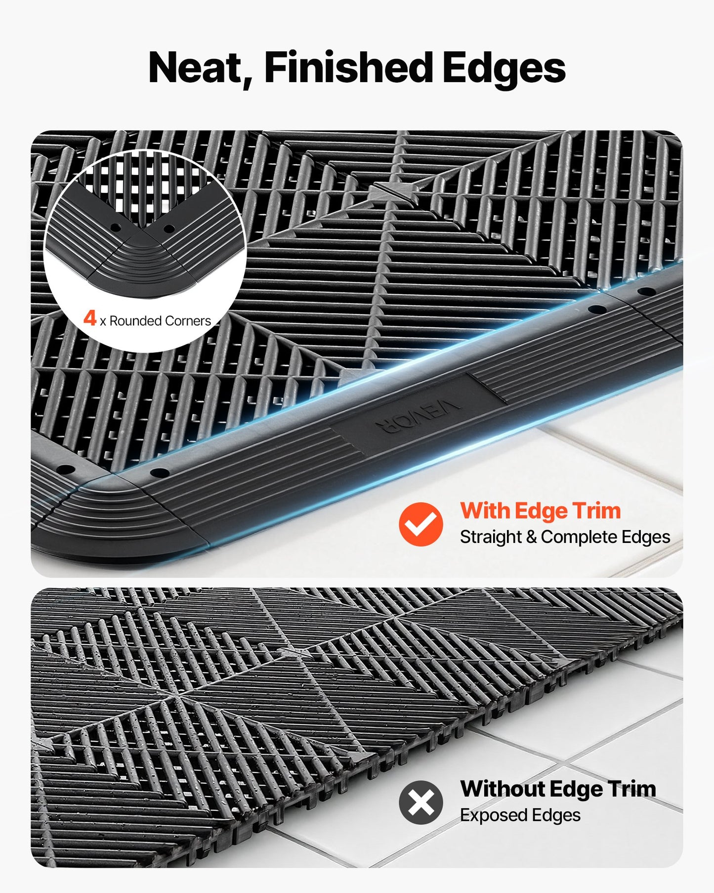 Transition Edge Kit, 11-Piece, Durable PP Interlocking Modular Garage Floor Edging, Easy Installation, Edge Protection for Wet Area Restaurant, Only Compatible with Drainage Mats, Black