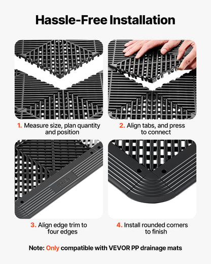 Transition Edge Kit, 11-Piece, Durable PP Interlocking Modular Garage Floor Edging, Easy Installation, Edge Protection for Wet Area Restaurant, Only Compatible with Drainage Mats, Black