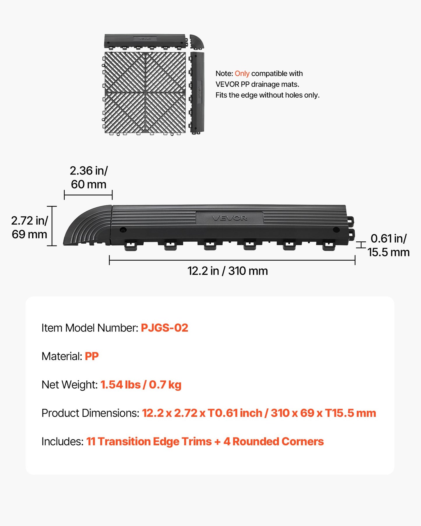 Transition Edge Kit, 11-Piece, Durable PP Interlocking Modular Garage Floor Edging, Easy Installation, Edge Protection for Wet Area Restaurant, Only Compatible with Drainage Mats, Black