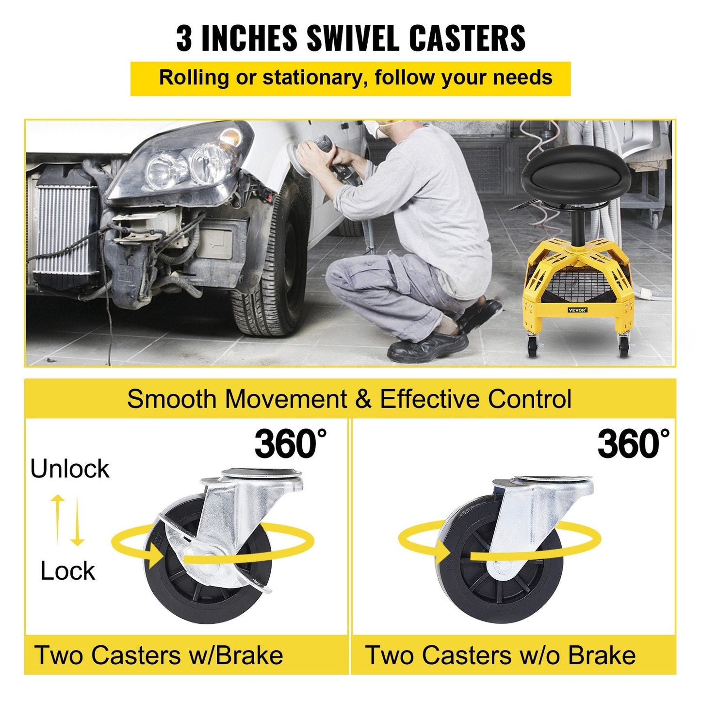 Adjustable Garage Stool with Tool Tray, 135 kg Capacity, 61-73 cm Height Range