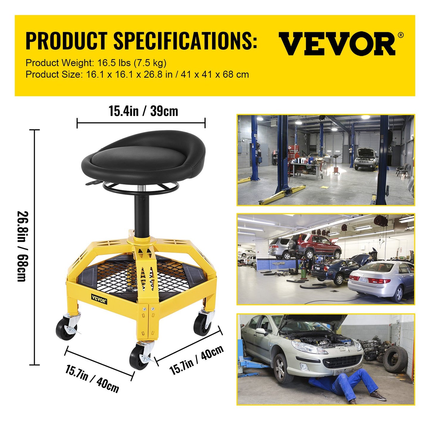 VEVOR Rolling Garage Stool, 300LBS Capacity, Adjustable Height from 24 in to 28.7