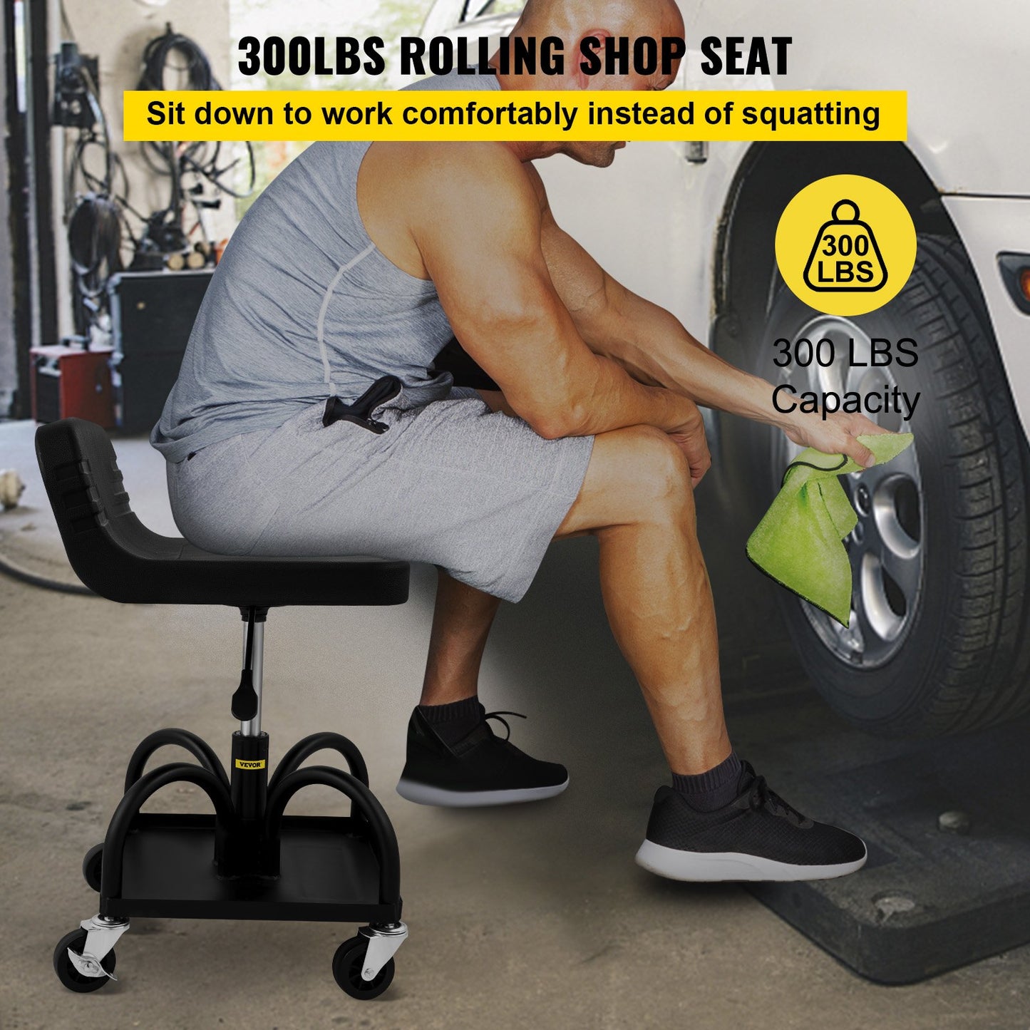 VEVOR Rolling Garage Stool 300LBS Adjustable Mechanic Work Shop Seat w/Casters
