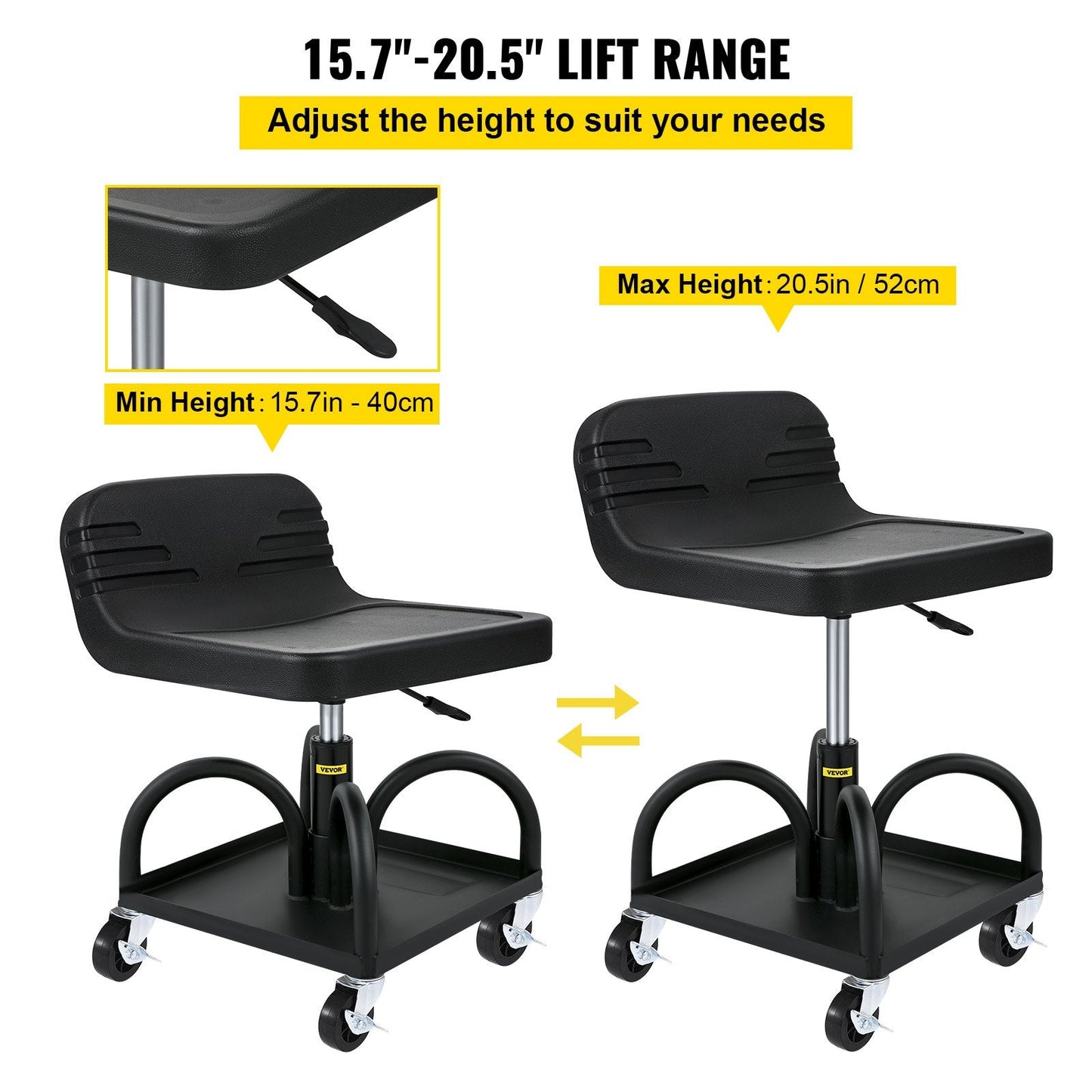 Adjustable Mechanic Stool with Casters, 135 kg Capacity, 40-52 cm Height Range