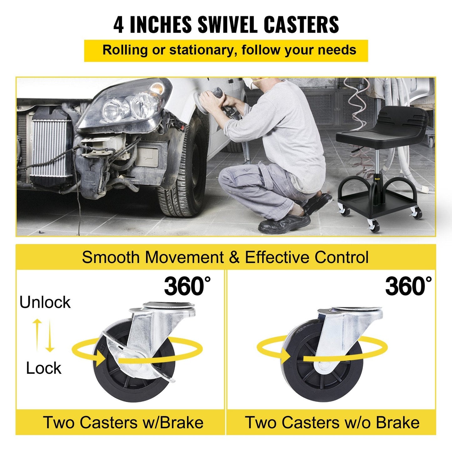 Adjustable Mechanic Stool with Casters, 135 kg Capacity, 40-52 cm Height Range