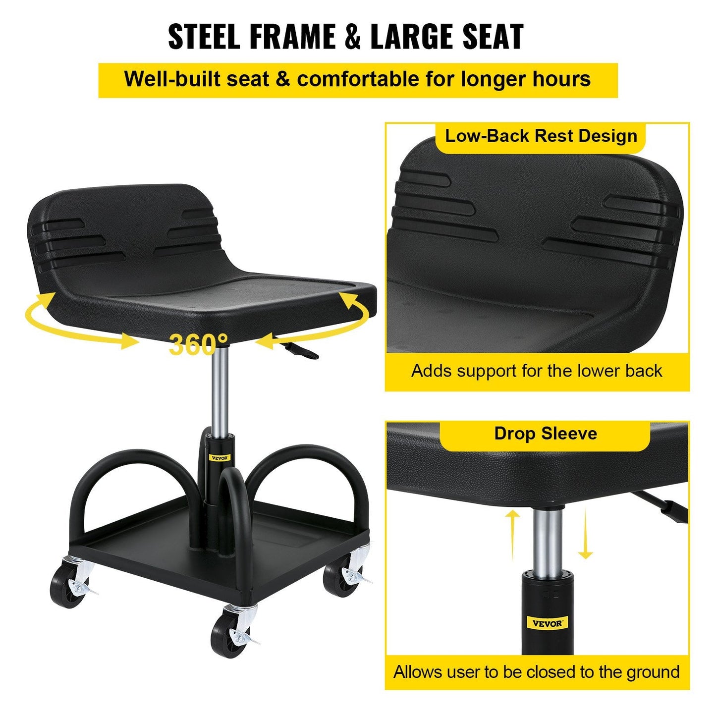Adjustable Mechanic Stool with Casters, 135 kg Capacity, 40-52 cm Height Range