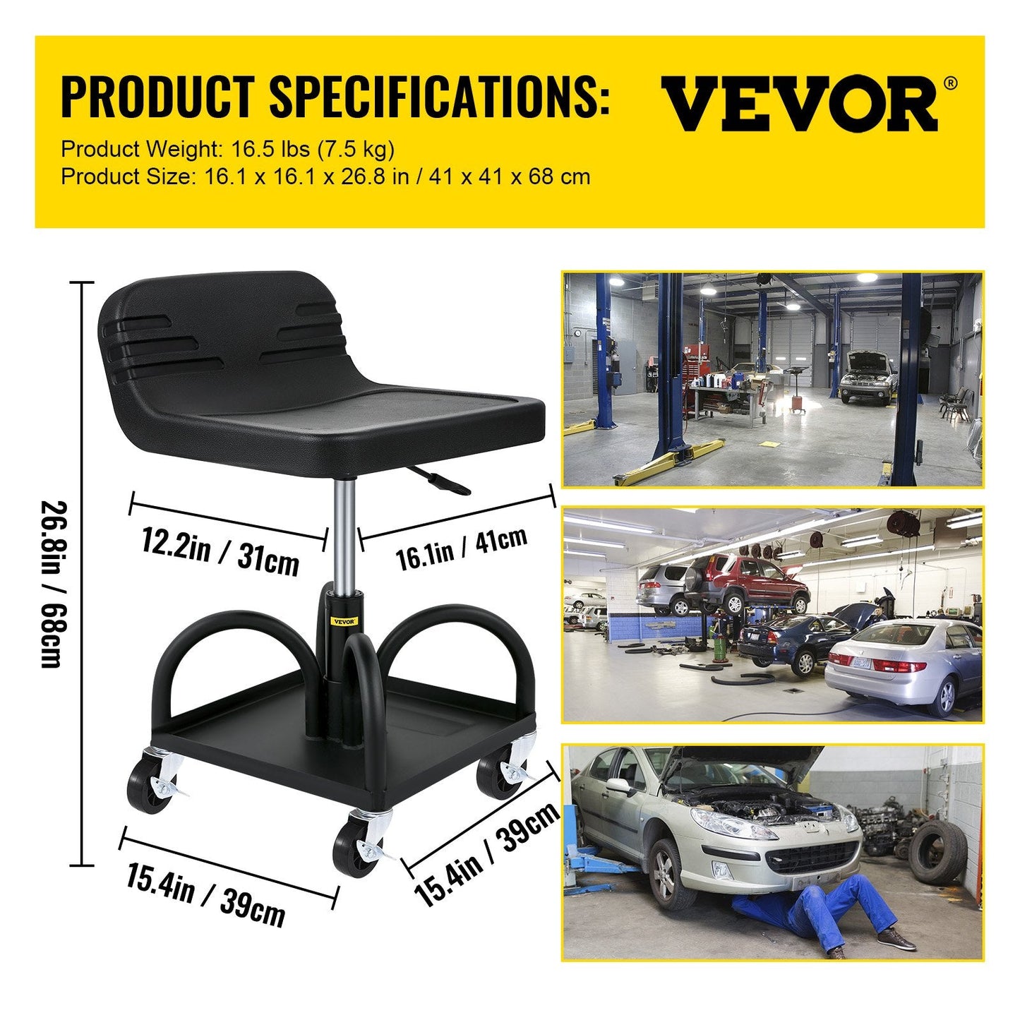 Adjustable Mechanic Stool with Casters, 135 kg Capacity, 40-52 cm Height Range