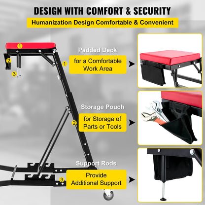 Adjustable Topside Engine Creeper with Padded Deck, 181 kg Capacity, Foldable Design