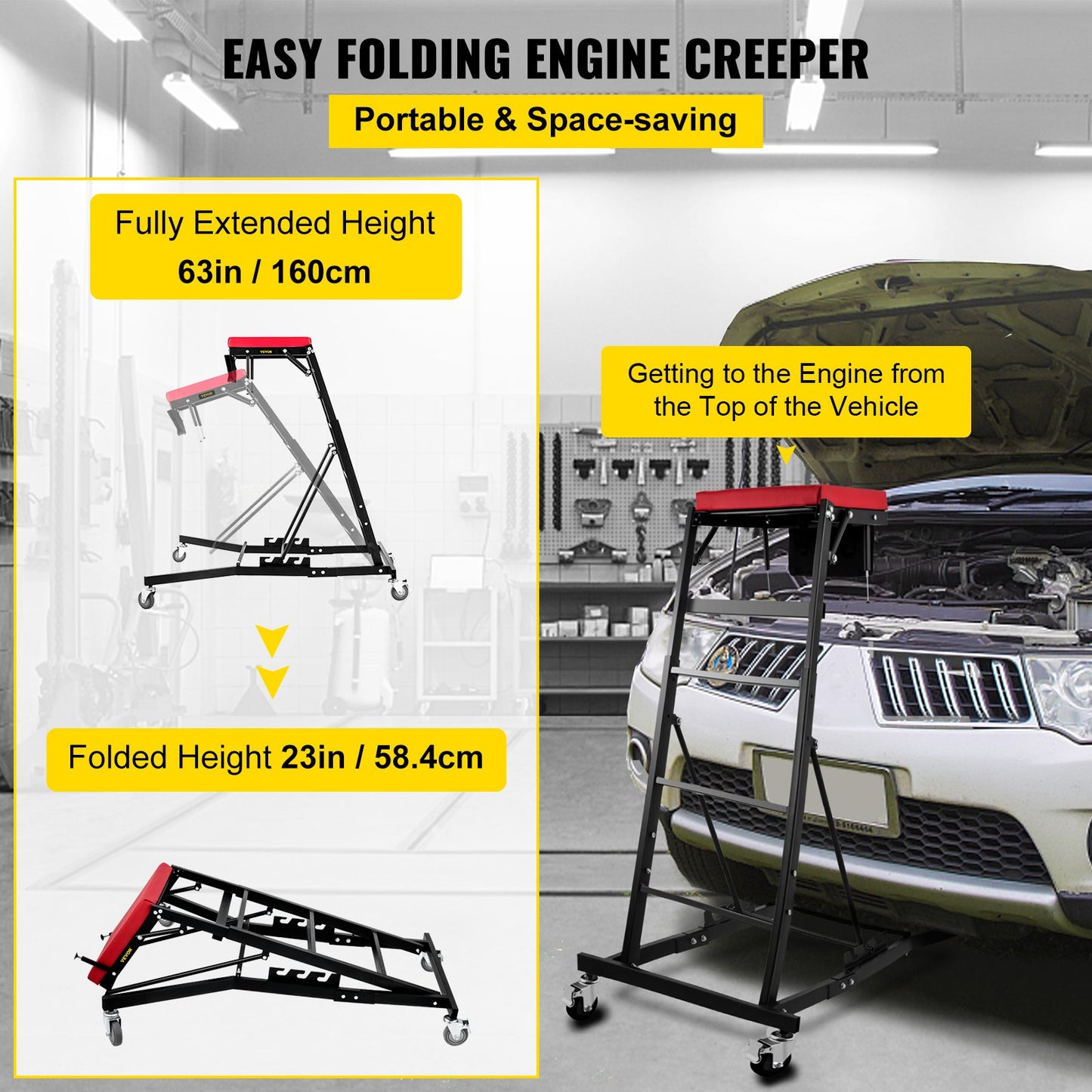 VEVOR Topside Automotive Engine Creeper, Adjustable Height Foldable Topside Creeper,