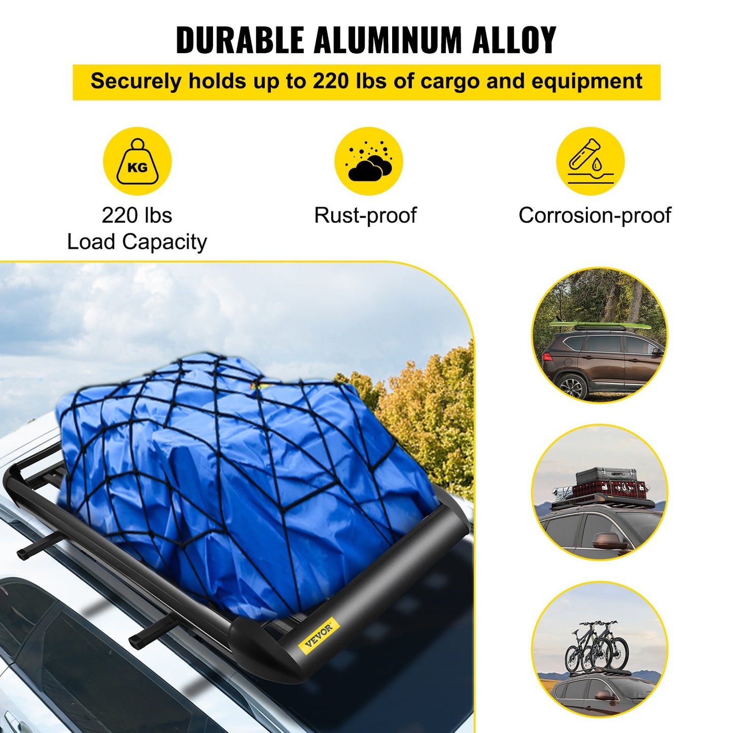 VEVOR Roof Basket Universal Aluminum Roof Rack Basket 50x35.4 Inch Roof Mounted