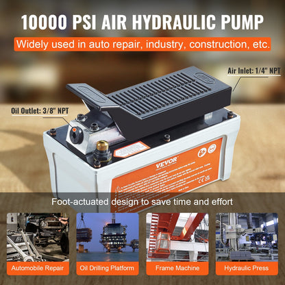 Air Hydraulic Pump, 10,000 PSI, 1.6L Reservoir, Foot Pedal, 2m Pipe, Gray