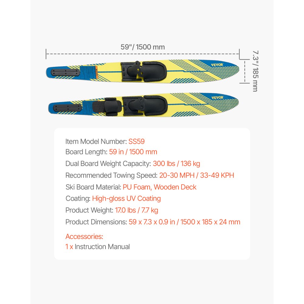 VEVOR 150 cm Water Skis Combo Adults Water Skis with X-7 Adjustable Bindings