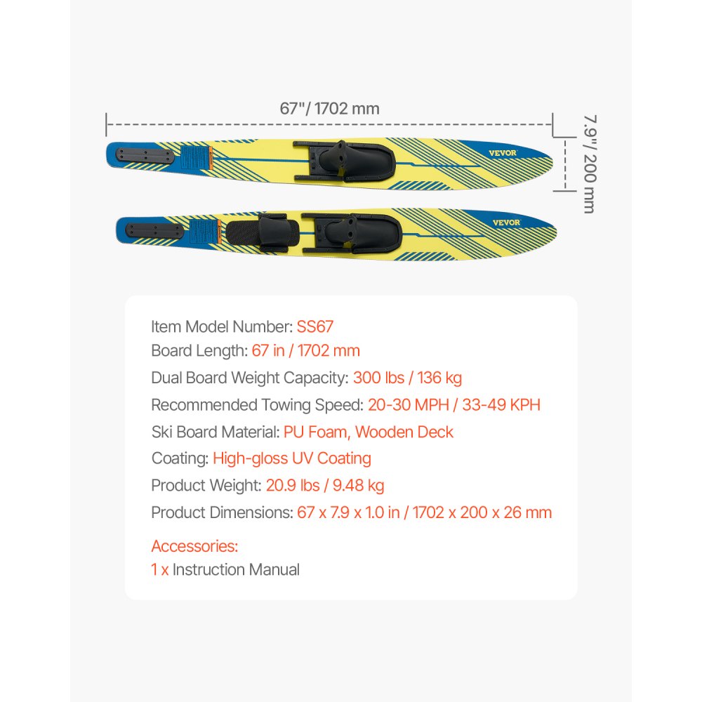 170.2 cm Water Skis Combo Adults Water Skis with X-9 Adjustable Bindings