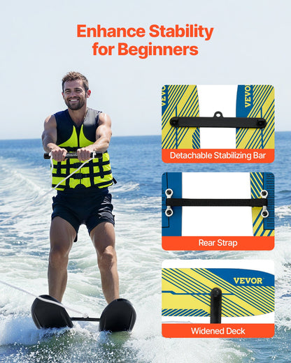 Water Skis 116.8 cm / 46 inch, Water Ski Trainers with X-7 Adjustable Bindings, Double-Handle Rope & Removable Stabilizing Bar, Training Waterskis Combo for Youth Up to 136 kg