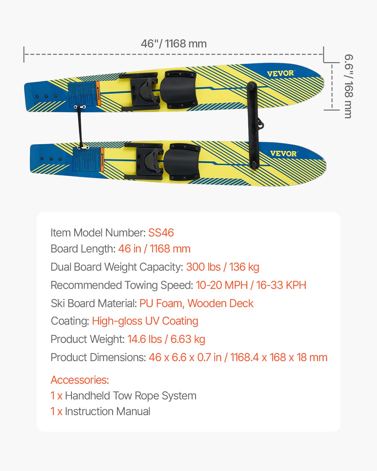 Water Skis 116.8 cm / 46 inch, Water Ski Trainers with X-7 Adjustable Bindings, Double-Handle Rope & Removable Stabilizing Bar, Training Waterskis Combo for Youth Up to 136 kg