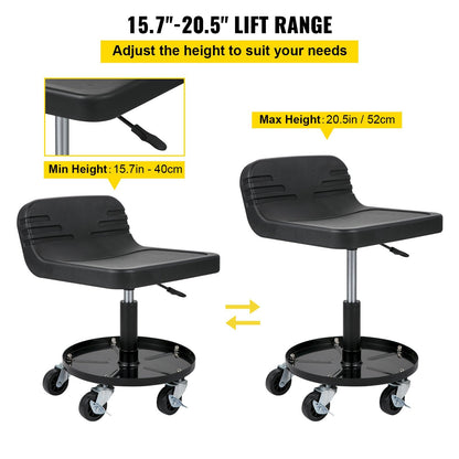 Adjustable Garage Stool with Casters, 135KG Capacity, Tool Tray, 0.4-0.5m Height