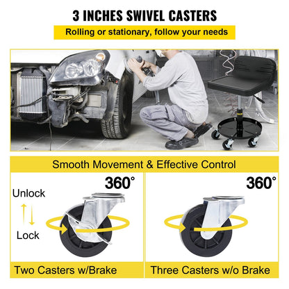 Adjustable Garage Stool with Casters, 135KG Capacity, Tool Tray, 0.4-0.5m Height