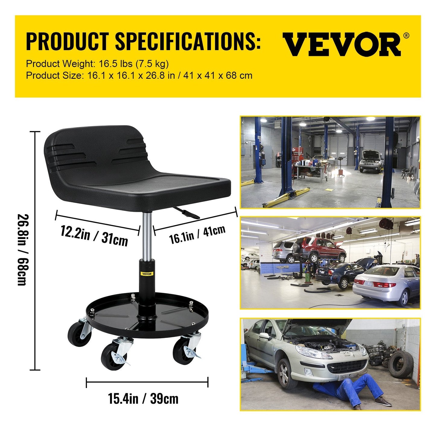 Adjustable Garage Stool with Casters, 135KG Capacity, Tool Tray, 0.4-0.5m Height