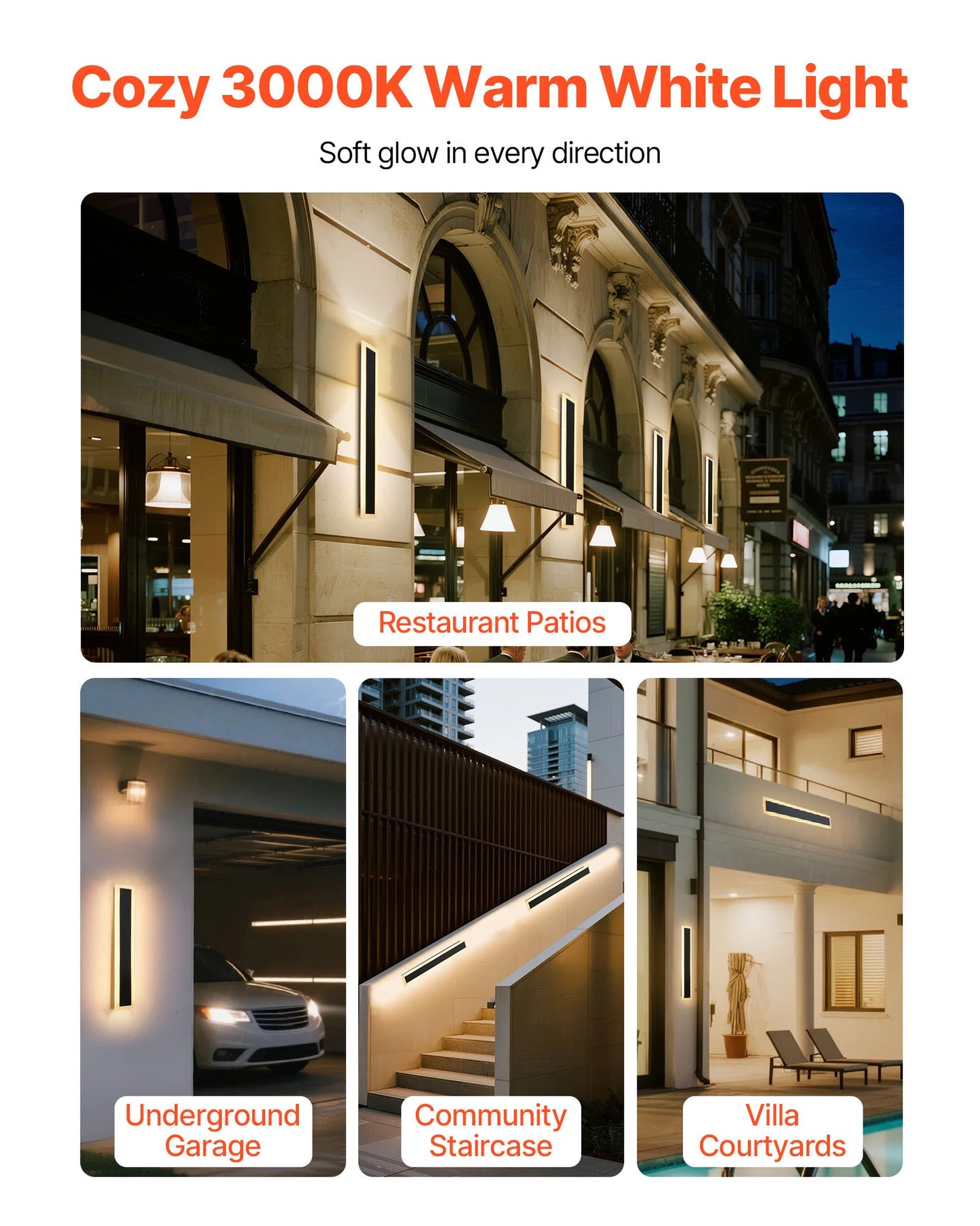 Outdoor Wall Light, 600 mm, Long Strip Modern Exterior Wall Sconce Light Fixtures, 3000K Warm White, IP65 Waterproof, Anti-Rust Outside Patio Wall Mount Lighting, for House, Porch, Garage