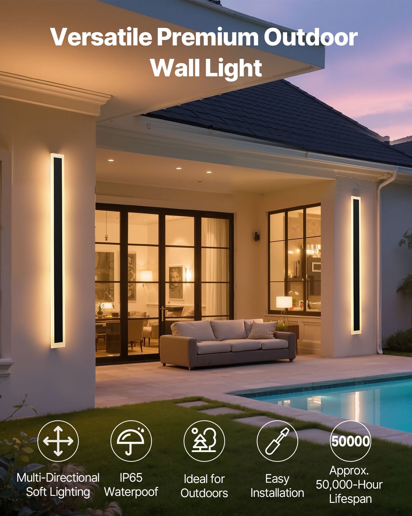 Outdoor Wall Lights, 2 Pack, 1500 mm Long Strip Modern Exterior Wall Sconce Light Fixtures, 2700K-6000K, IP65 Waterproof Anti-Rust, Dimmable Outside Wall Mount Lighting, for House Porch Garage