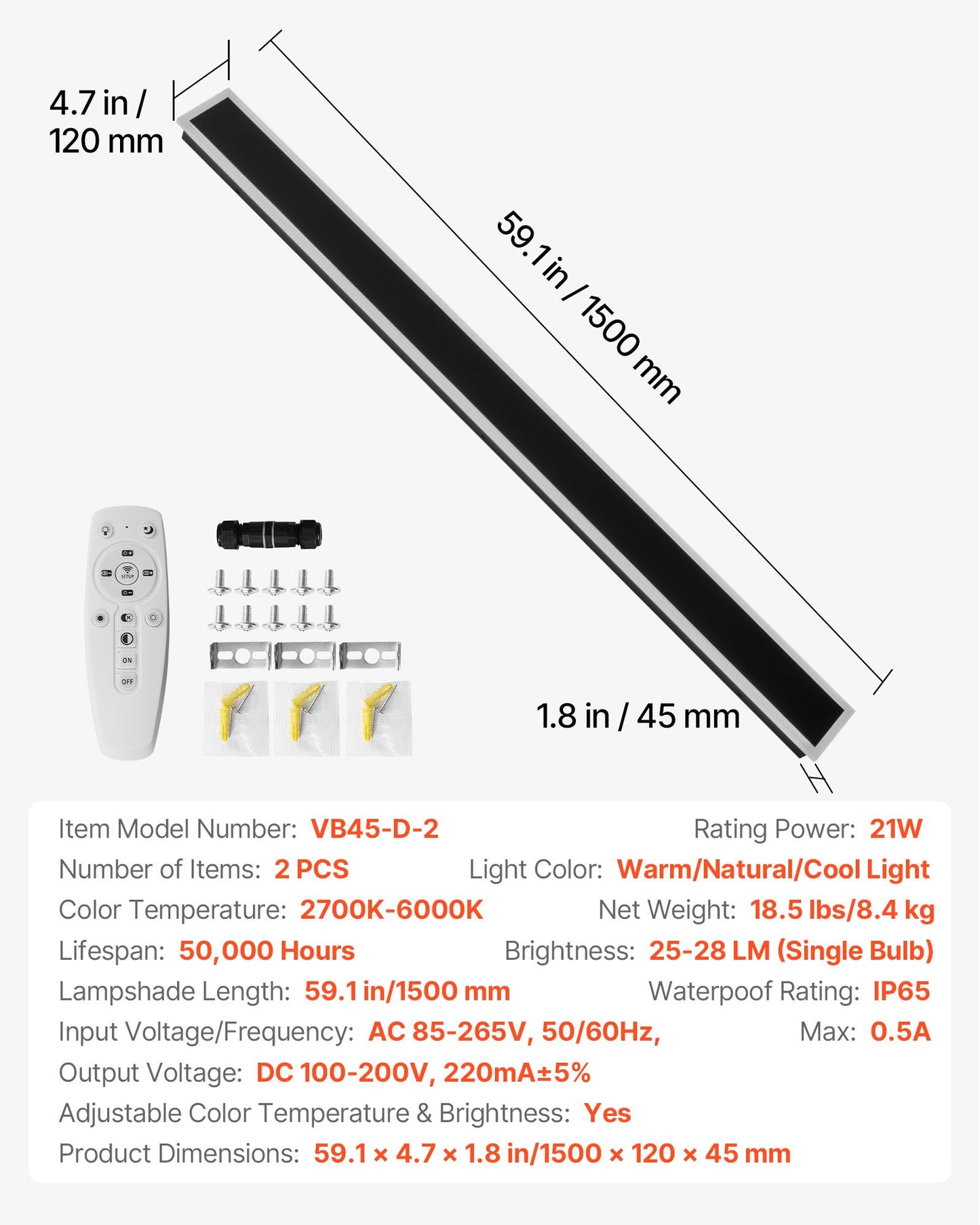 Outdoor Wall Lights, 2 Pack, 1500 mm Long Strip Modern Exterior Wall Sconce Light Fixtures, 2700K-6000K, IP65 Waterproof Anti-Rust, Dimmable Outside Wall Mount Lighting, for House Porch Garage