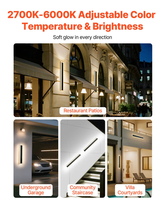 Outdoor Wall Lights, 2 Pack, 600 mm Long Strip Modern Exterior Wall Sconce Light Fixtures, 2700K-6000K, IP65 Waterproof Anti-Rust, Dimmable Outside Wall Mount Lighting, for House Porch Garage