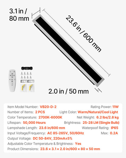 Outdoor Wall Lights, 2 Pack, 600 mm Long Strip Modern Exterior Wall Sconce Light Fixtures, 2700K-6000K, IP65 Waterproof Anti-Rust, Dimmable Outside Wall Mount Lighting, for House Porch Garage