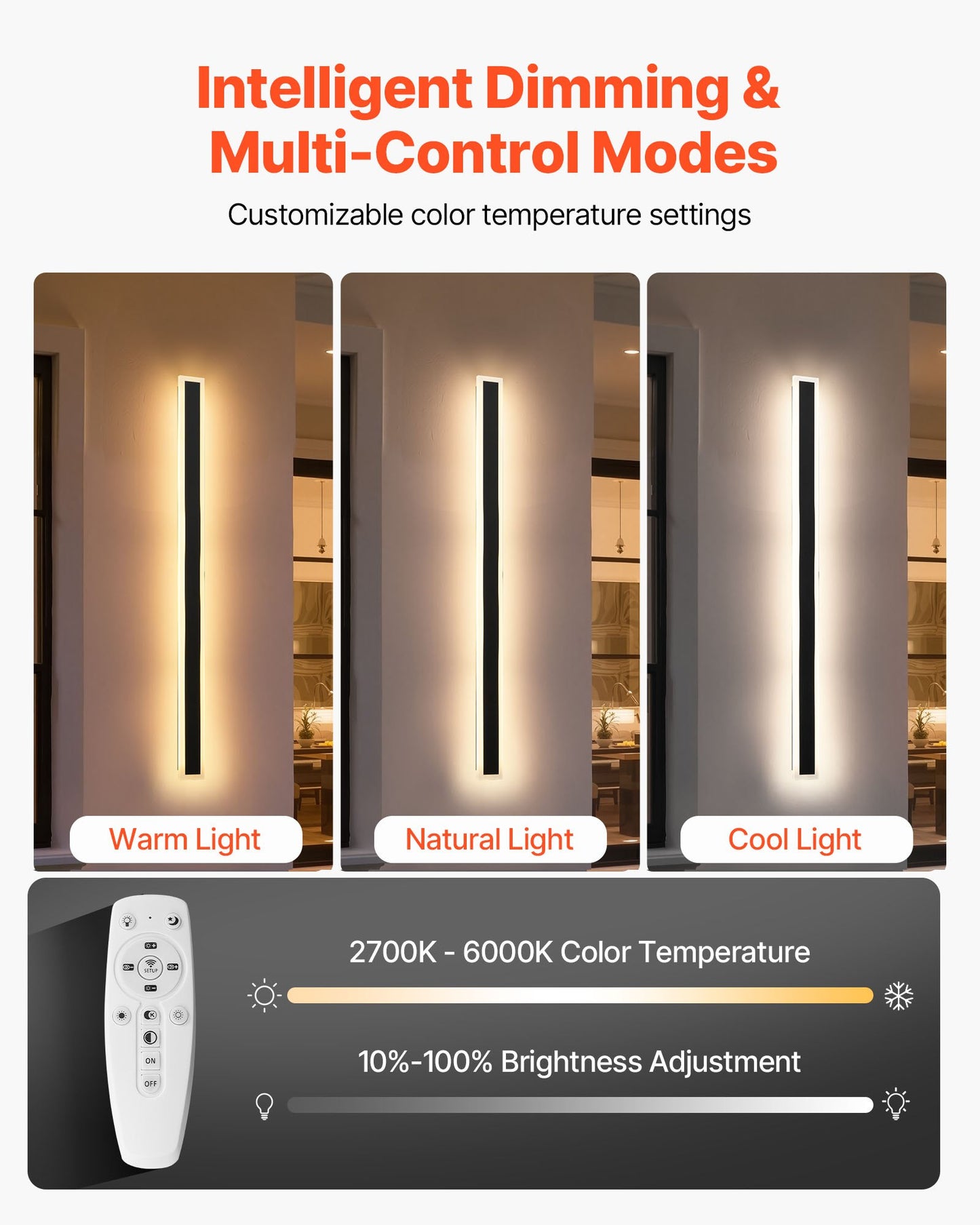 Outdoor Wall Lights, 2 Pack, 1200 mm Long Strip Modern Exterior Wall Sconce Light Fixtures, 2700K-6000K, IP65 Waterproof Anti-Rust, Dimmable Outside Wall Mount Lighting, for House Porch Garage