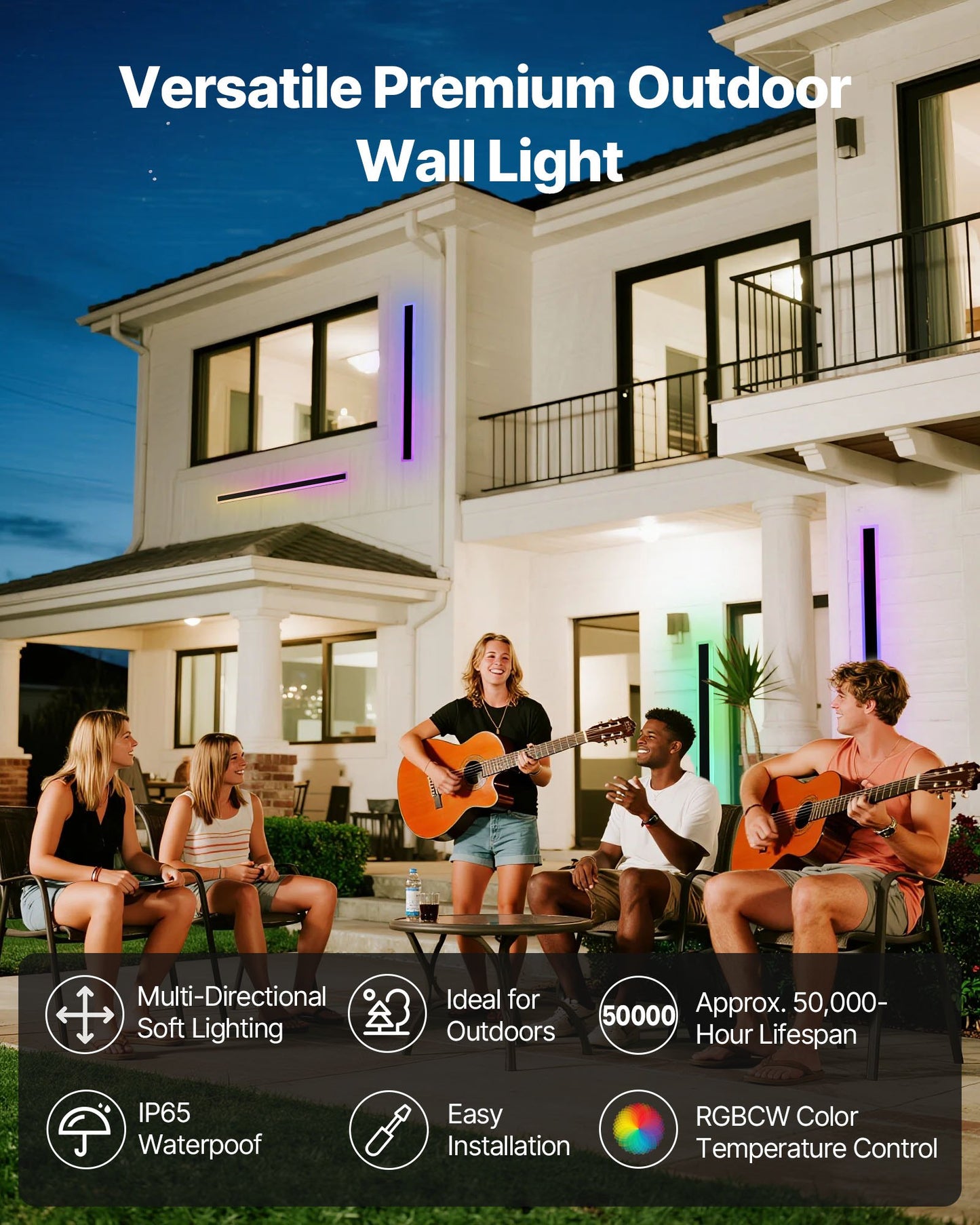 Outdoor Wall Lights, 2 Pack, 1000 mm Long RGB Modern Exterior Wall Sconce Light Fixtures, 2700K-6000K, IP65 Waterproof Anti-Rust, Dimmable Outside Wall Mount Lighting, for House Porch Garage