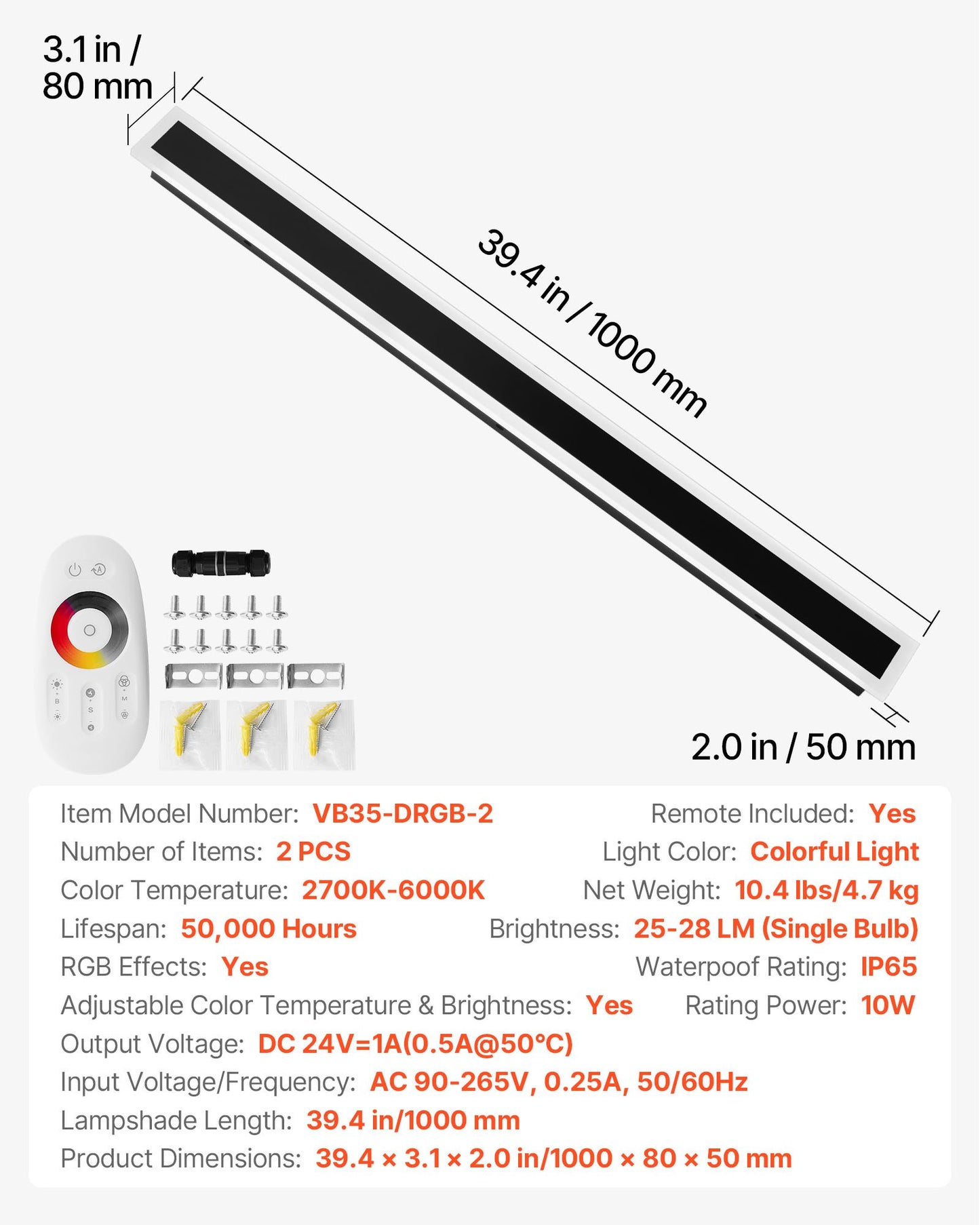 Outdoor Wall Lights, 2 Pack, 1000 mm Long RGB Modern Exterior Wall Sconce Light Fixtures, 2700K-6000K, IP65 Waterproof Anti-Rust, Dimmable Outside Wall Mount Lighting, for House Porch Garage