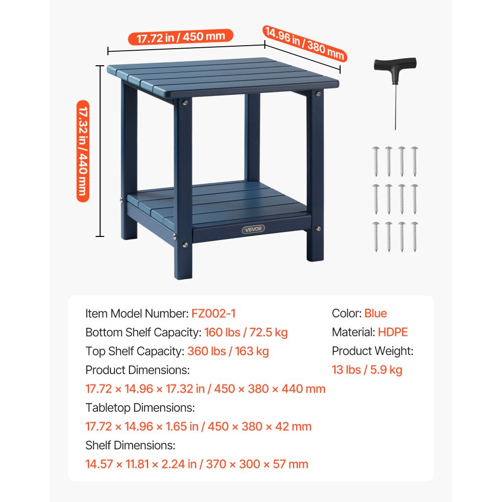 Outdoor Side Table 2-Tier HDPE Outside End Table for Indoor Backyard Blue