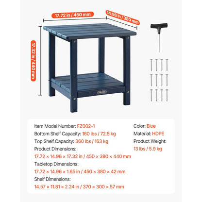 Outdoor Side Table 2-Tier HDPE Outside End Table for Indoor Backyard Blue