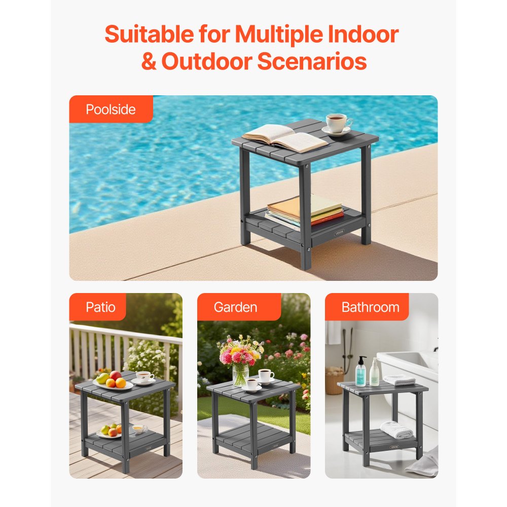 Outdoor Side Table 2-Tier HDPE Outside End Table for Indoor Backyard Grey