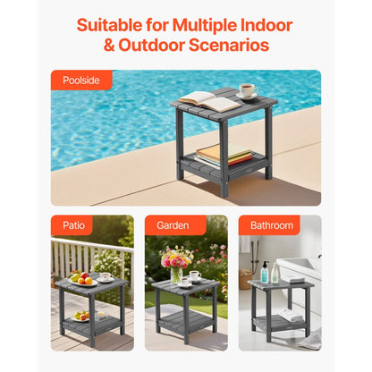 Outdoor Side Table 2-Tier HDPE Outside End Table for Indoor Backyard Grey