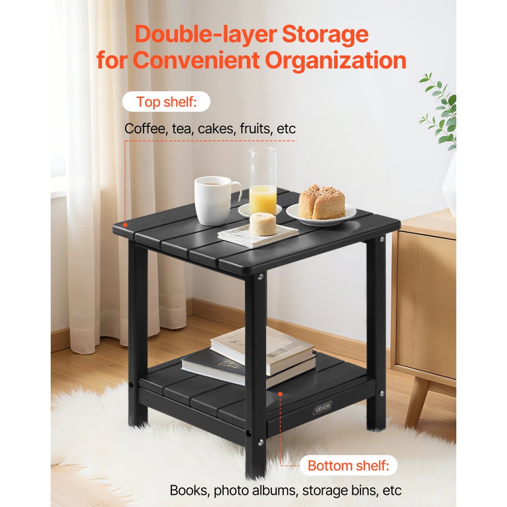 Outdoor Side Table 2-Tier HDPE Outside End Table for Indoor Backyard Black