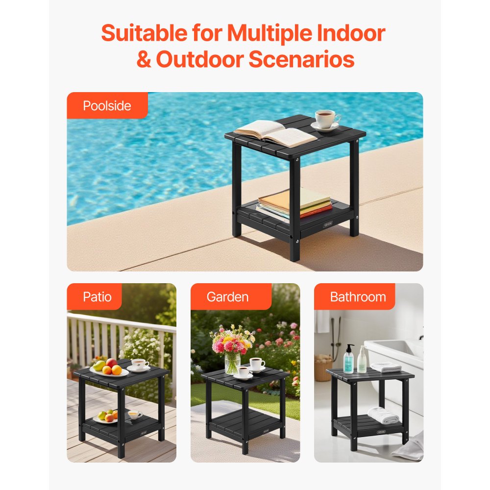 Outdoor Side Table 2-Tier HDPE Outside End Table for Indoor Backyard Black