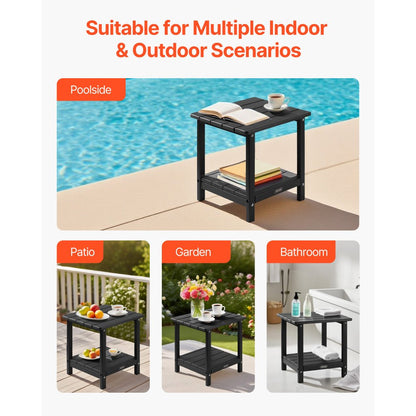 Outdoor Side Table 2-Tier HDPE Outside End Table for Indoor Backyard Black
