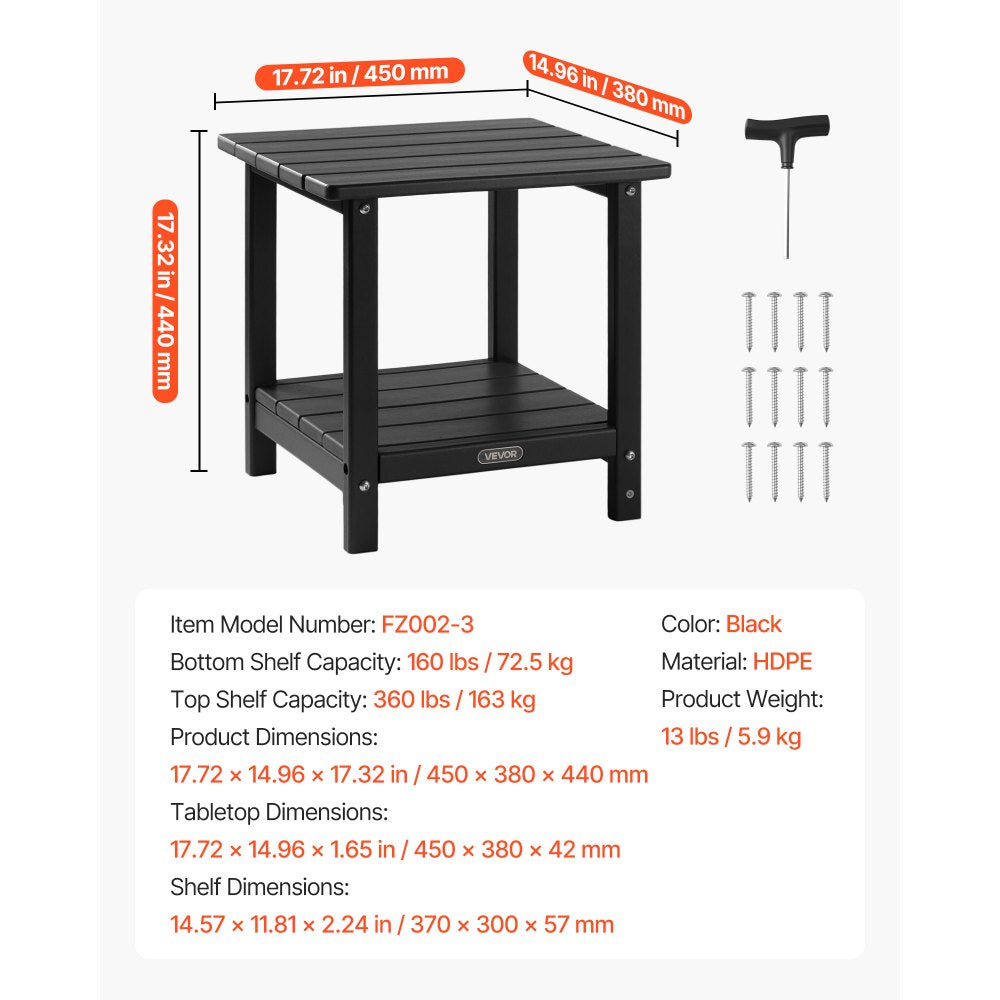 Outdoor Side Table 2-Tier HDPE Outside End Table for Indoor Backyard Black
